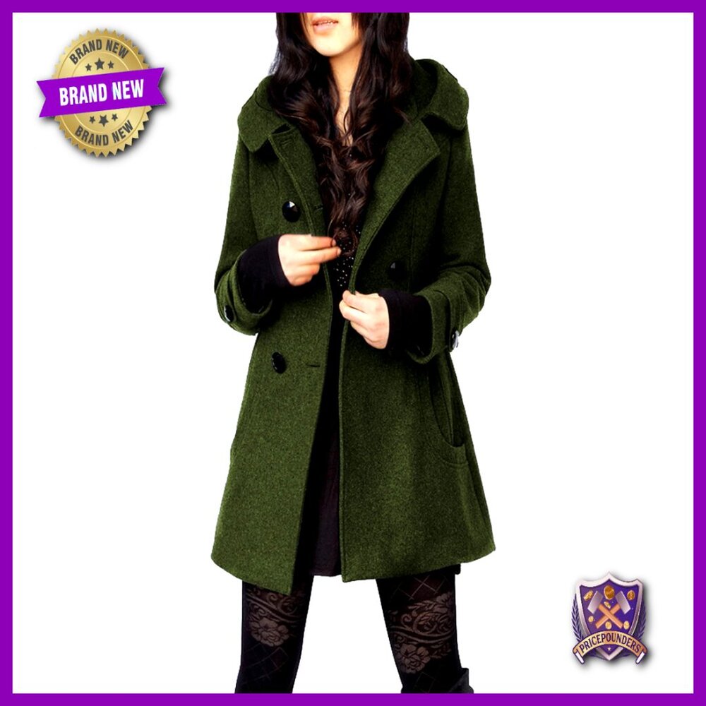 Wool Pea Coat Double Breasted Trench Jacket With Hood Elegant Classic Warm
